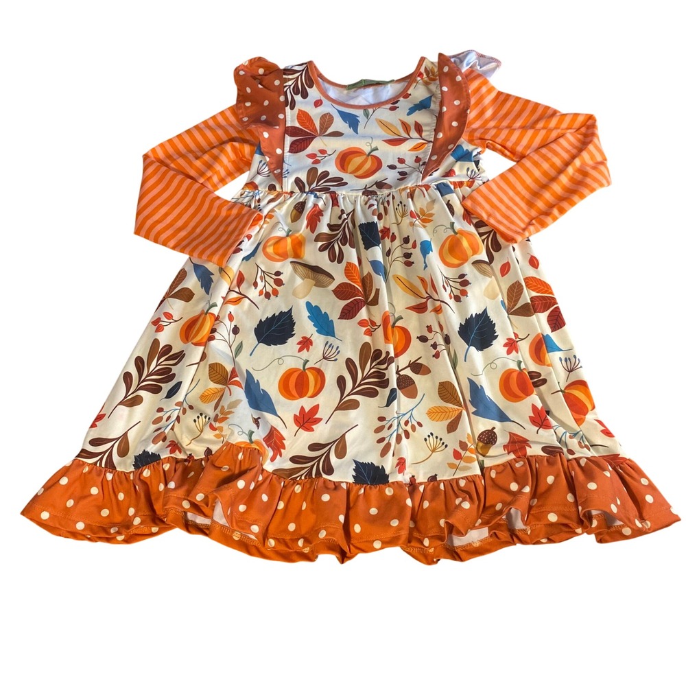 Millie Loves Lily Dress Kids Orange Pumpkin Fall Ruffle Mixed Media SIZE 8‎